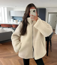 Misty | Womens Teddy Zip-Up Jacket with High Neck | Relaxed Fit, Soft Warm Teddy | Beige, White and Bronze S-XL