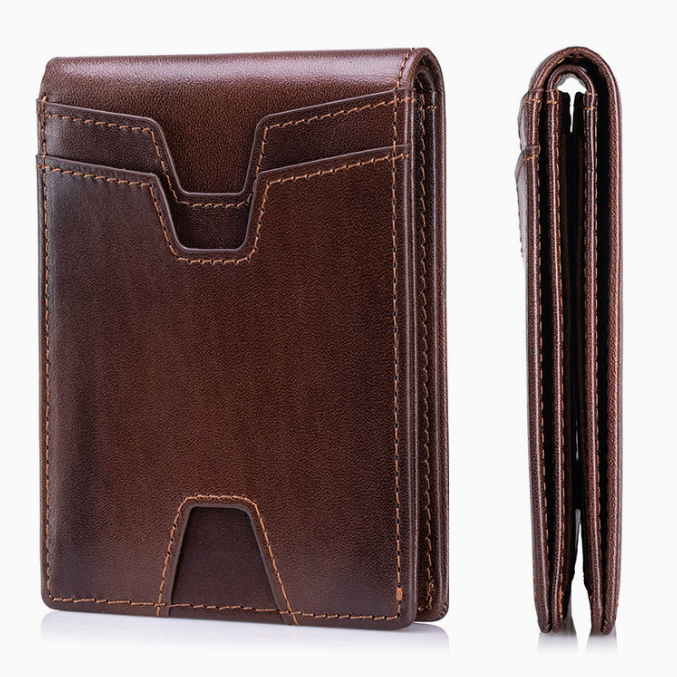 Brown leather wallet with card holder on a white background