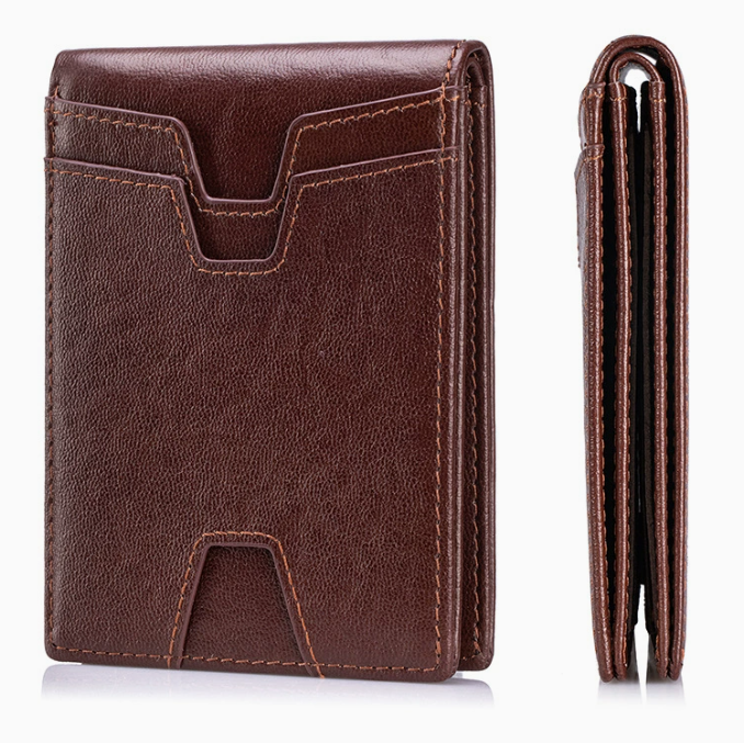 Brown leather wallet with card holder on a white background