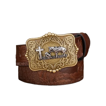 Fidel™ | Men’s Western Denim Leather Belt – Retro Plate Buckle