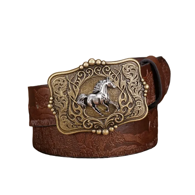 Fidel™ | Men’s Western Denim Leather Belt – Retro Plate Buckle