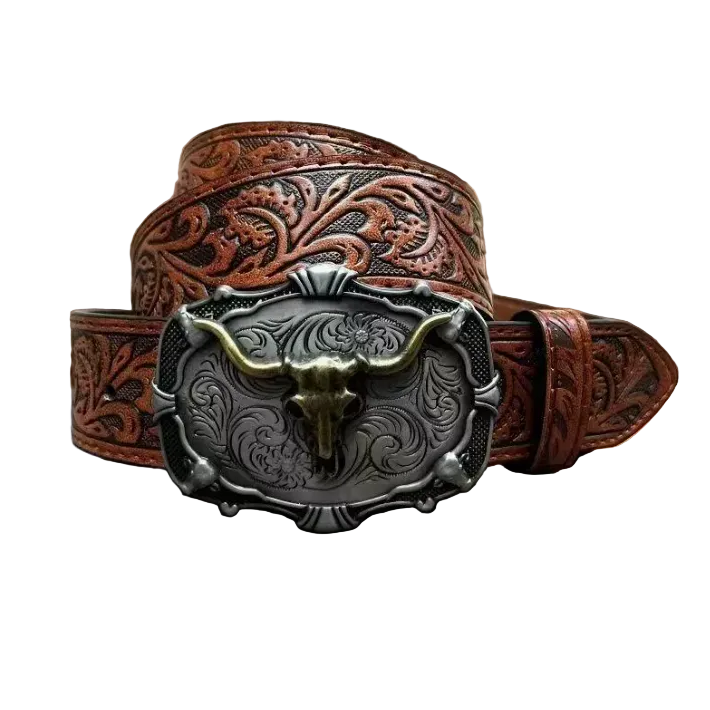 Virgil™ | Men’s Western Cowboy Leather Belt – Cow Head Buckle