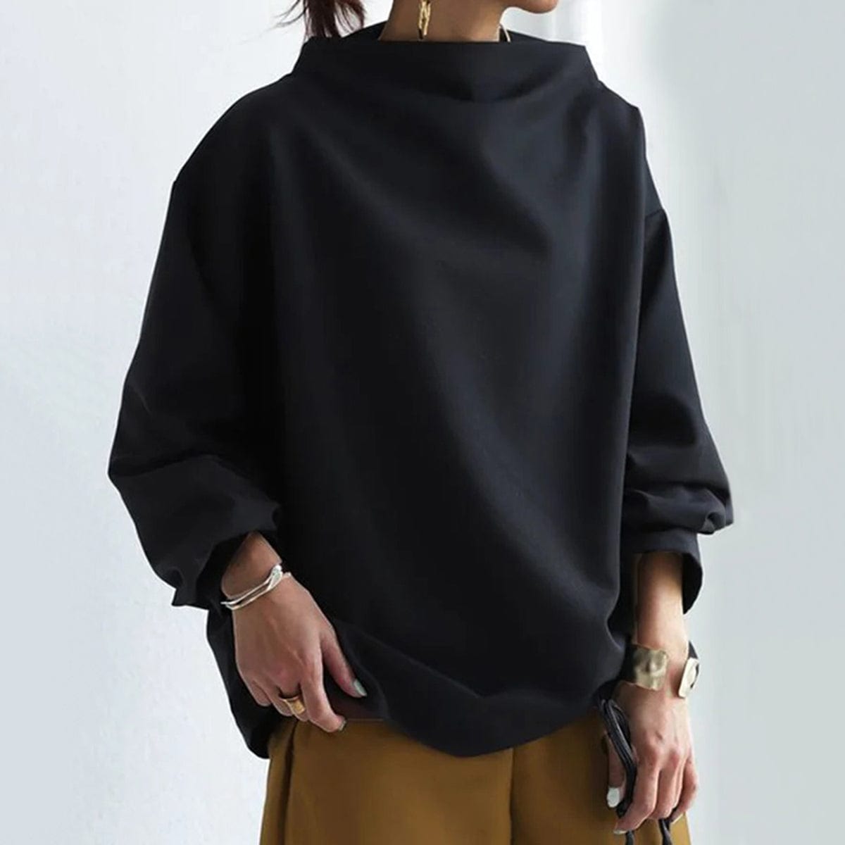 Women's High-Neck Soft Knit Top, Relaxed Oversized Fit | Chic High Neckline, Flattering Cut | Black, Blue or White | S–5XL