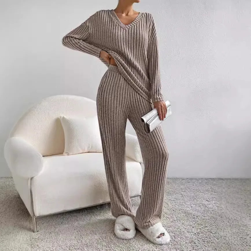 Women's Knitted Two-Piece Set, Ribbed Sweater & Trousers | V-Neck Top, Flexible Fit | 7 Colorways | S–2XL