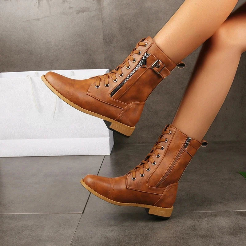 Katherine Womens Leather Lace-Up Boots with Zipper