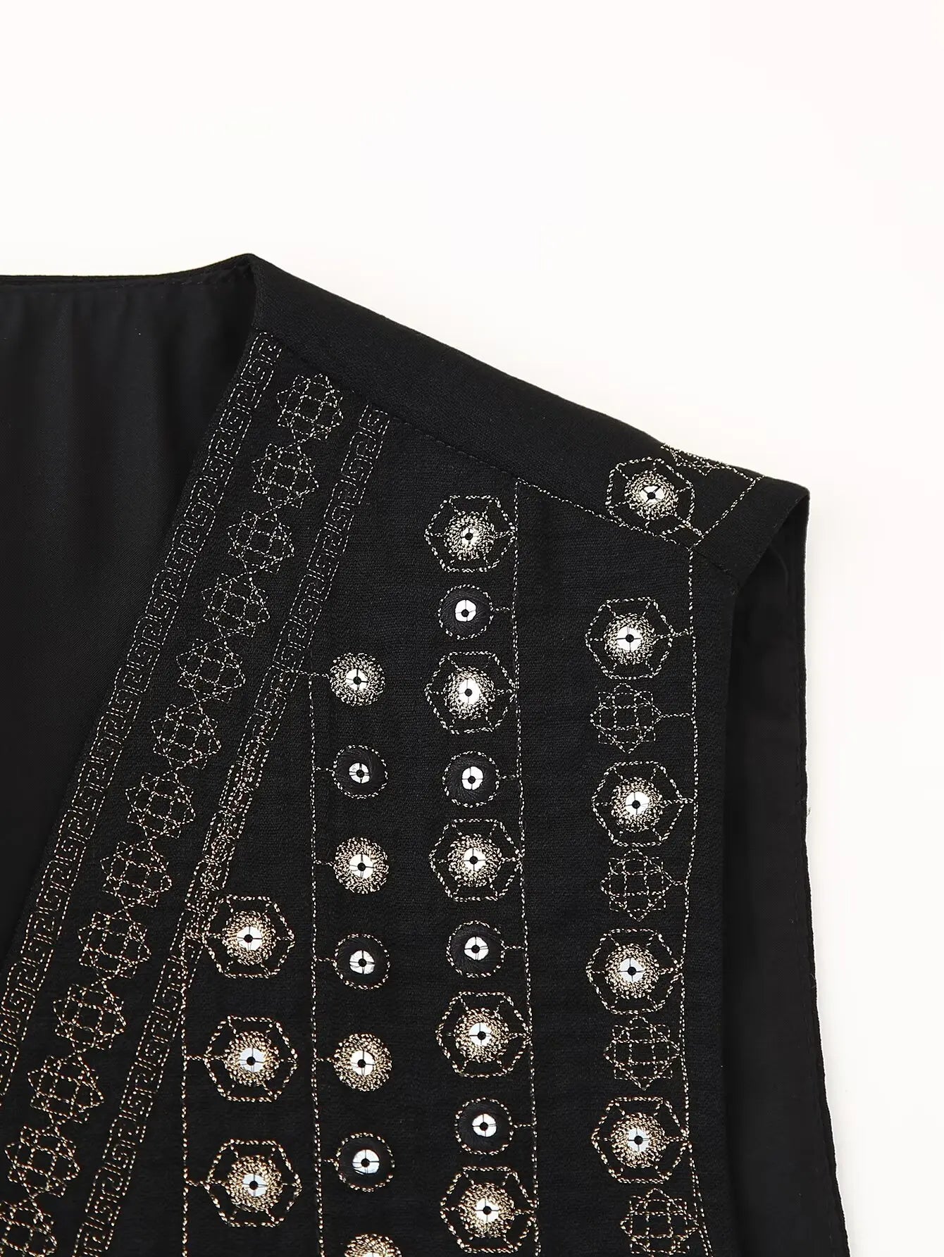 Women's Sequin-Embroidered Boho Vest, Cropped Cut | Hand-Stitched Sparkle, Open-Front Design | Black | Sizes S–L