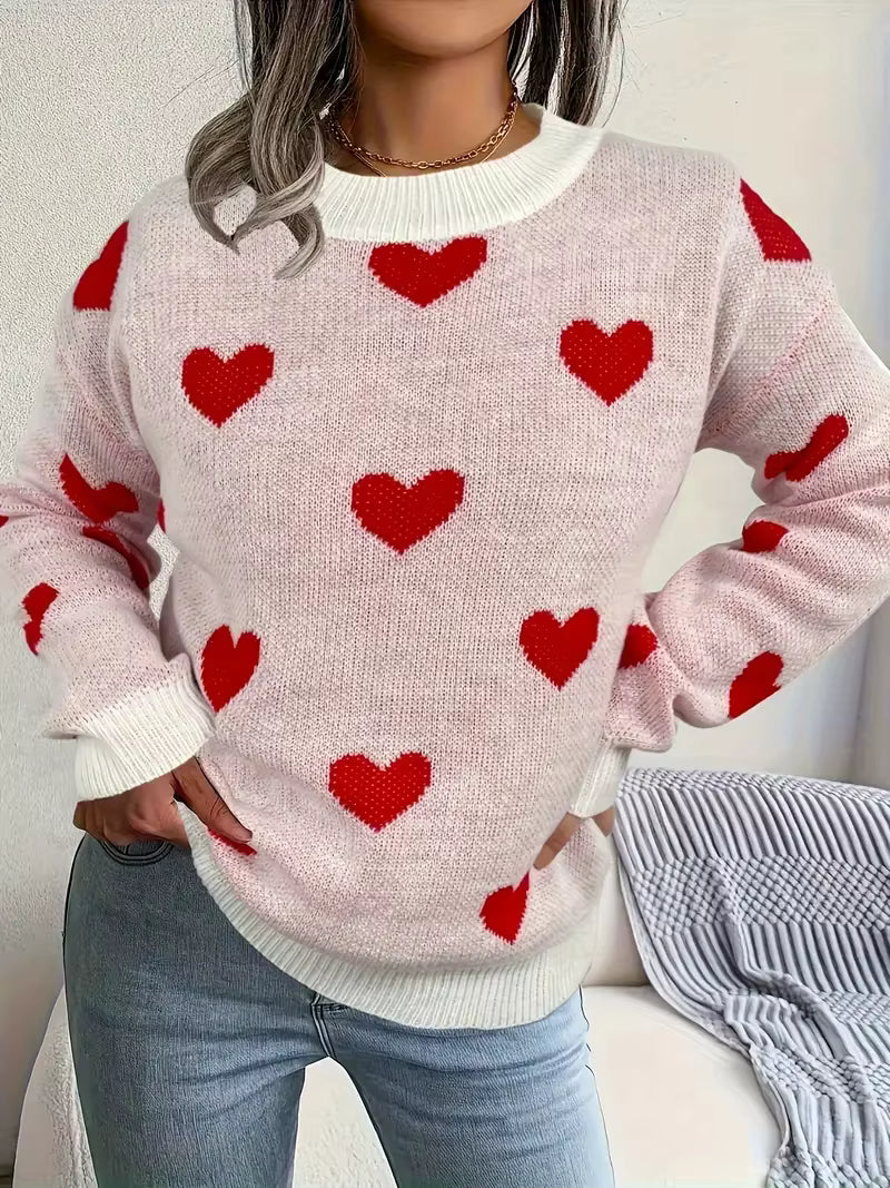 Women's Hearts-Pattern Sweater, Relaxed Fit | Delicate Print Detail, Cozy Everyday Layer | White or Pink | S–2XL
