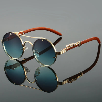KAMMPT - Golden-Gray Green Vintage Round Sunglasses