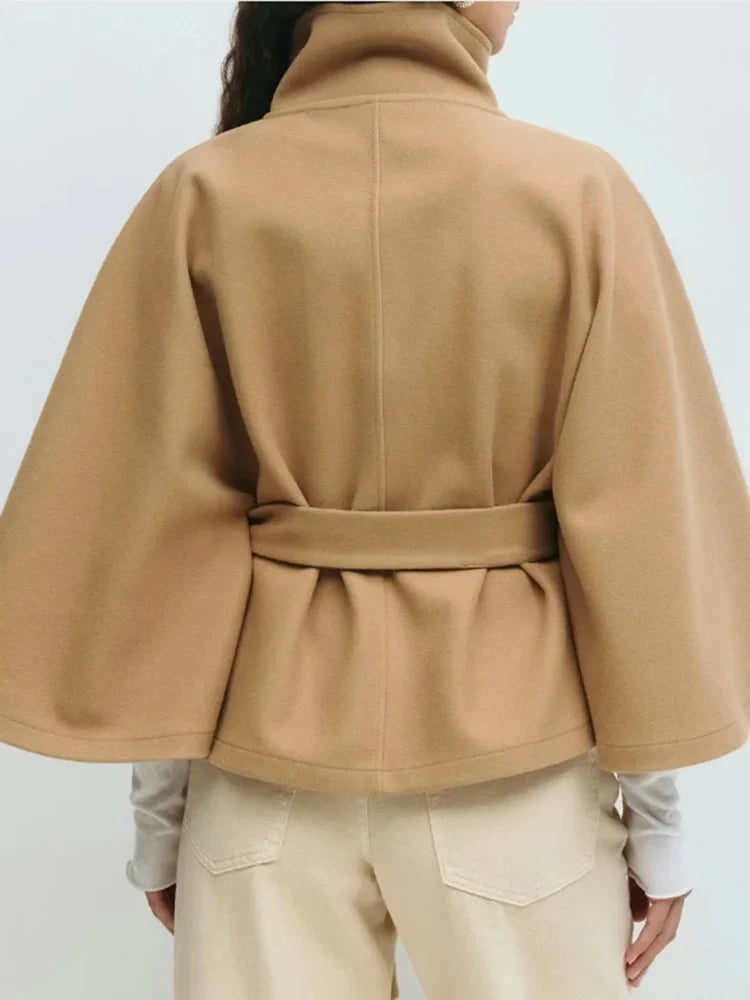 Leslie Womens Wool Blend Cape Coat with Belted Waist