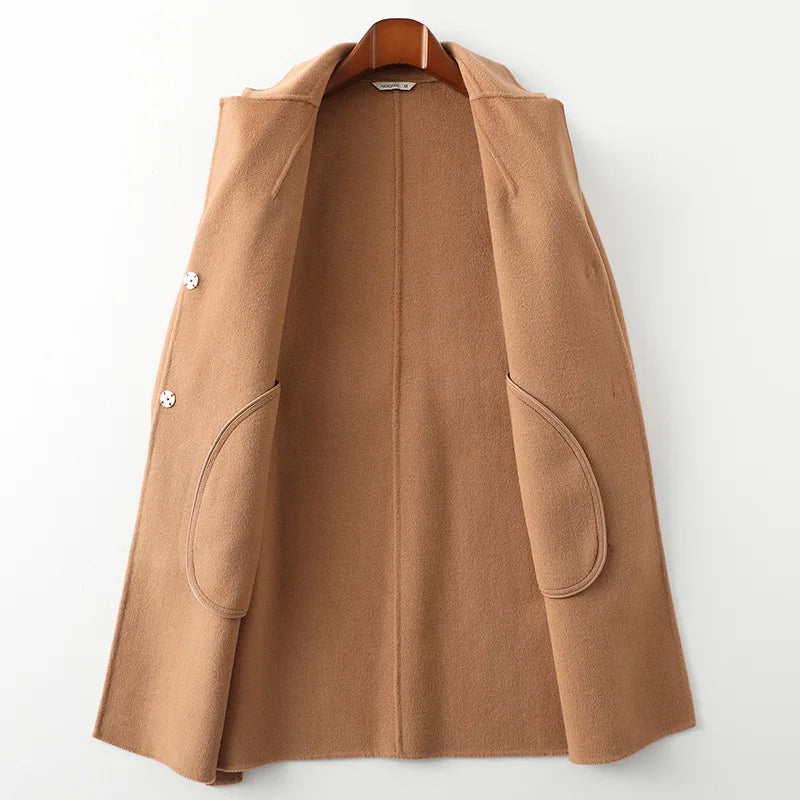 Claire Womens Belted Wool Coat in Midi Length