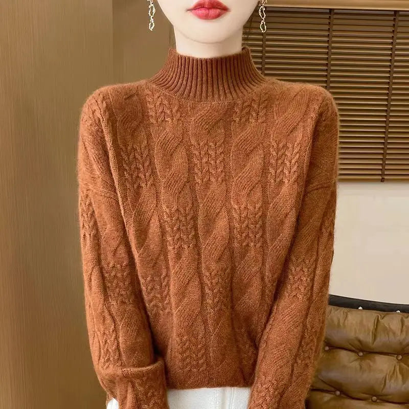 Whitney Womens Cable Knit Sweater with Half-High Collar