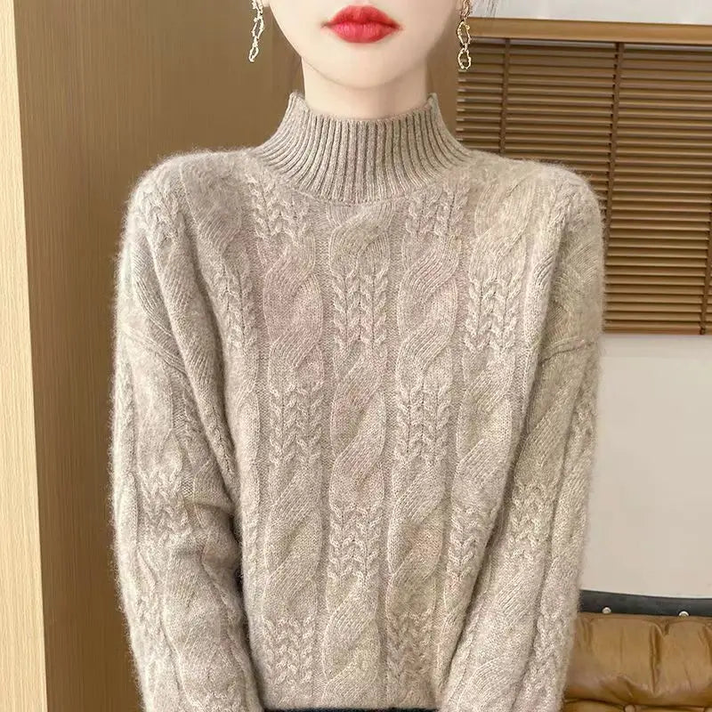 Whitney Womens Cable Knit Sweater with Half-High Collar