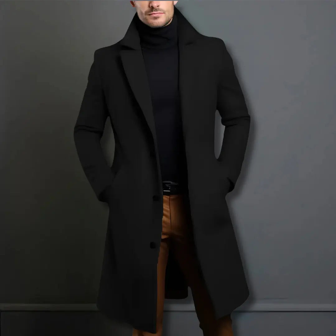 Leo Mens Overcoat Full-Length Winter Coat with Straight Cut in Black