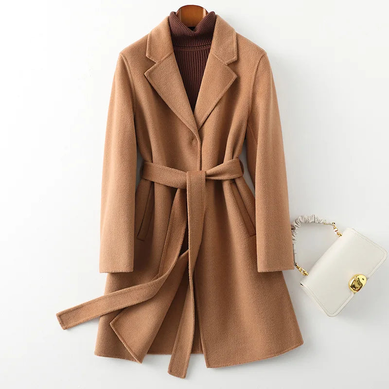 Claire Womens Belted Wool Coat in Midi Length