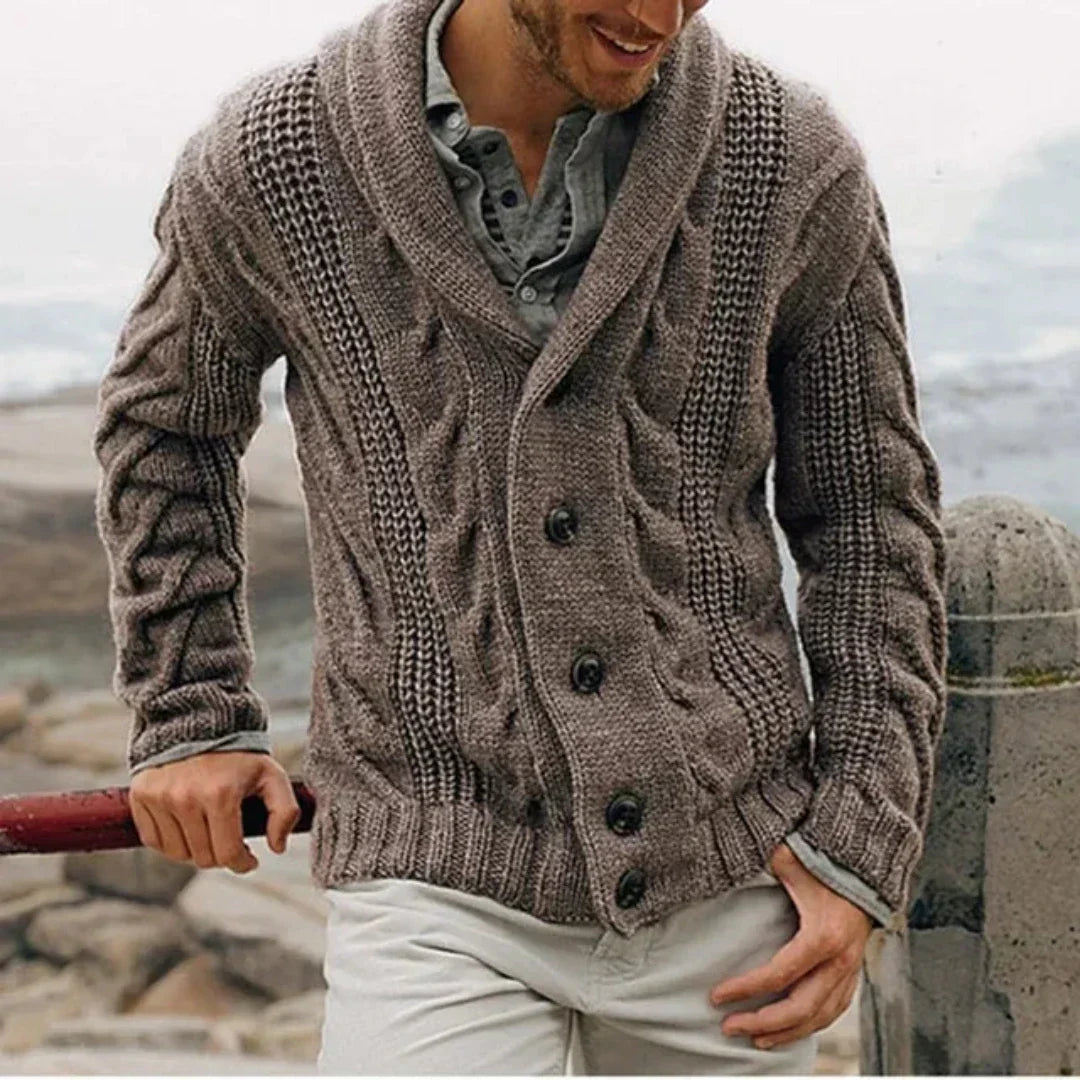 James Mens Shawl Collar Cable Knit Cardigan in Brown