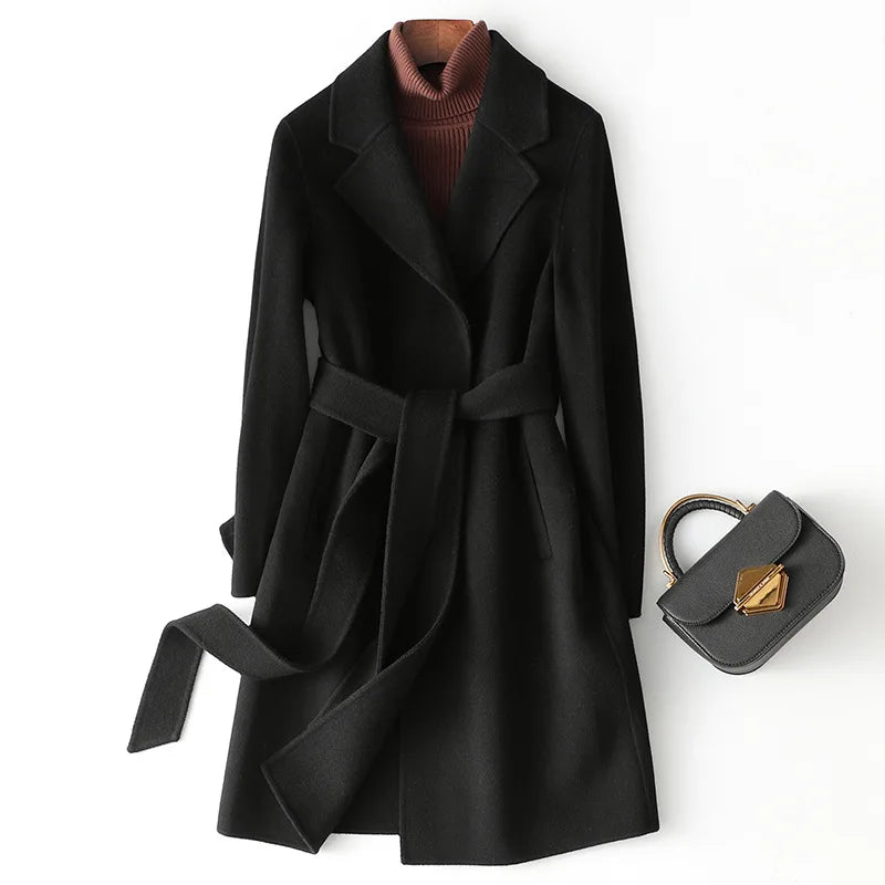 Claire Womens Belted Wool Coat in Midi Length