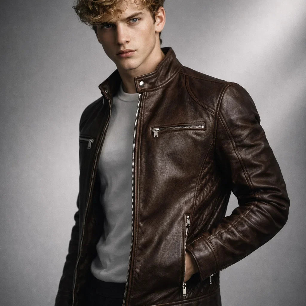 Justin Mens Slim Fit Leather Biker Jacket with Stand Collar