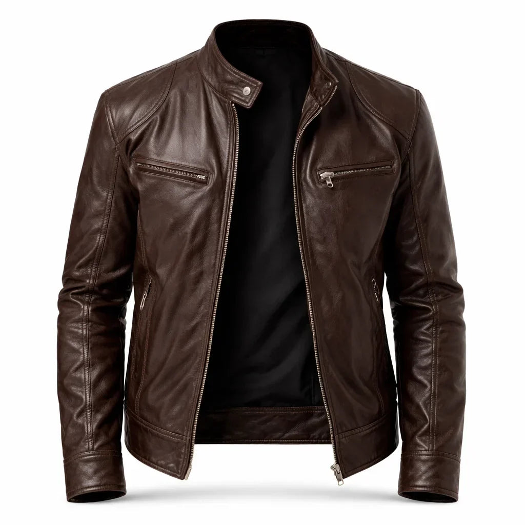 Justin Mens Slim Fit Leather Biker Jacket with Stand Collar in Brown
