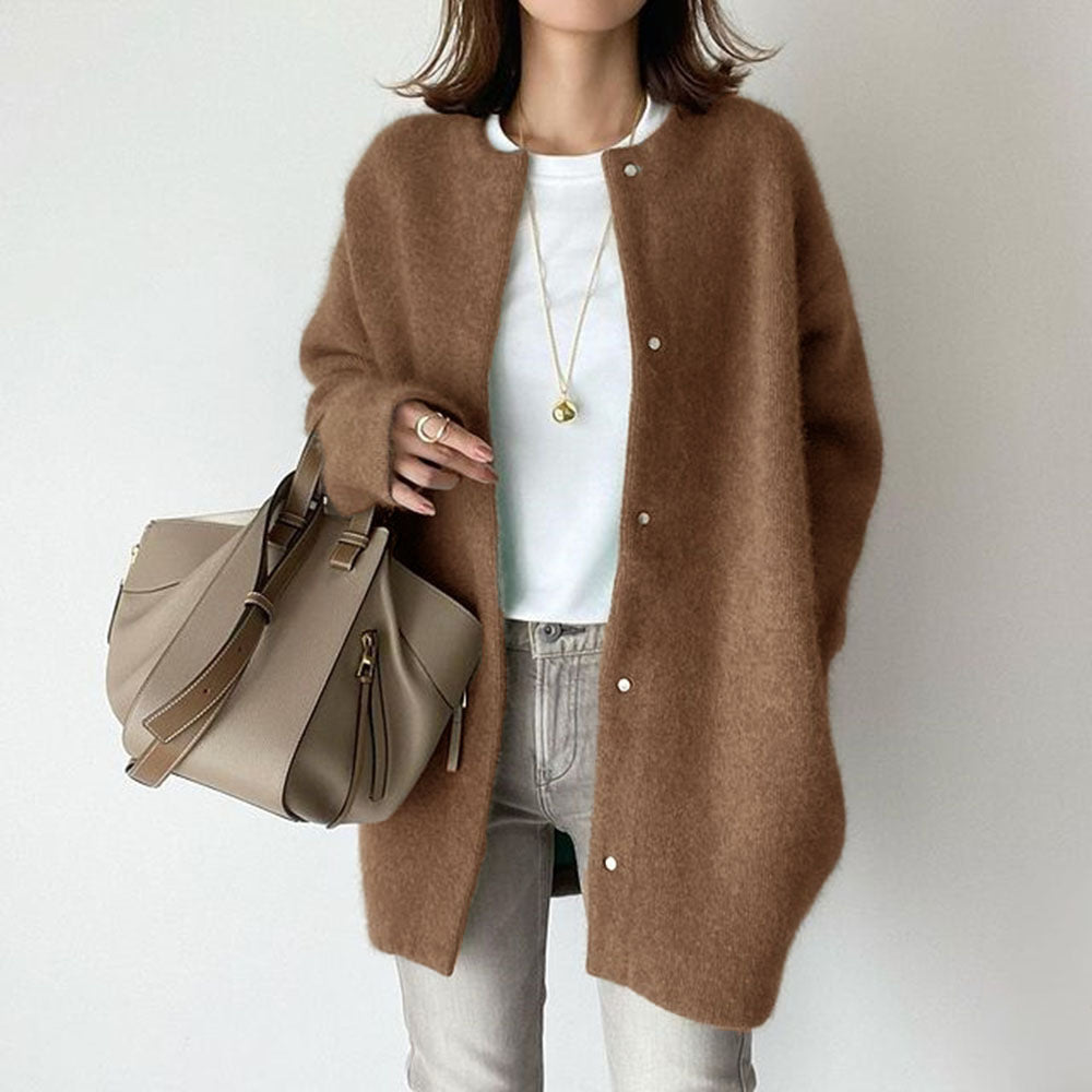 Shannon Womens Wool Cardigan with Suede Details in Khaki