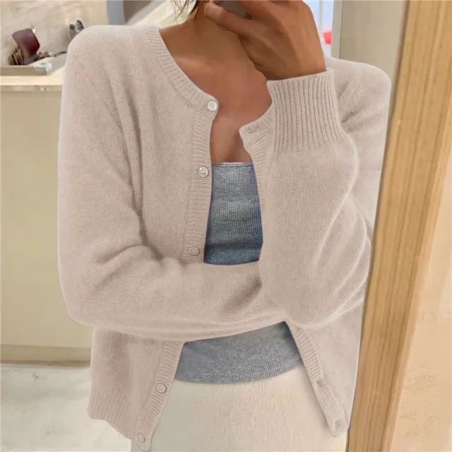 Amanda Womens Soft Knit Cardigan with Button Front in Beige