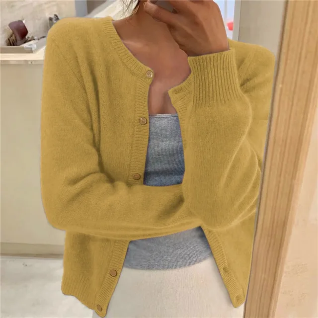 Amanda Womens Soft Knit Cardigan with Button Front in Yellow