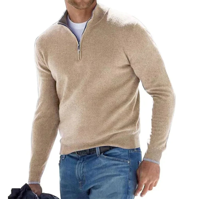 Hugo Mens Cotton Half-Zip Sweater with Stand Collar in Khaki