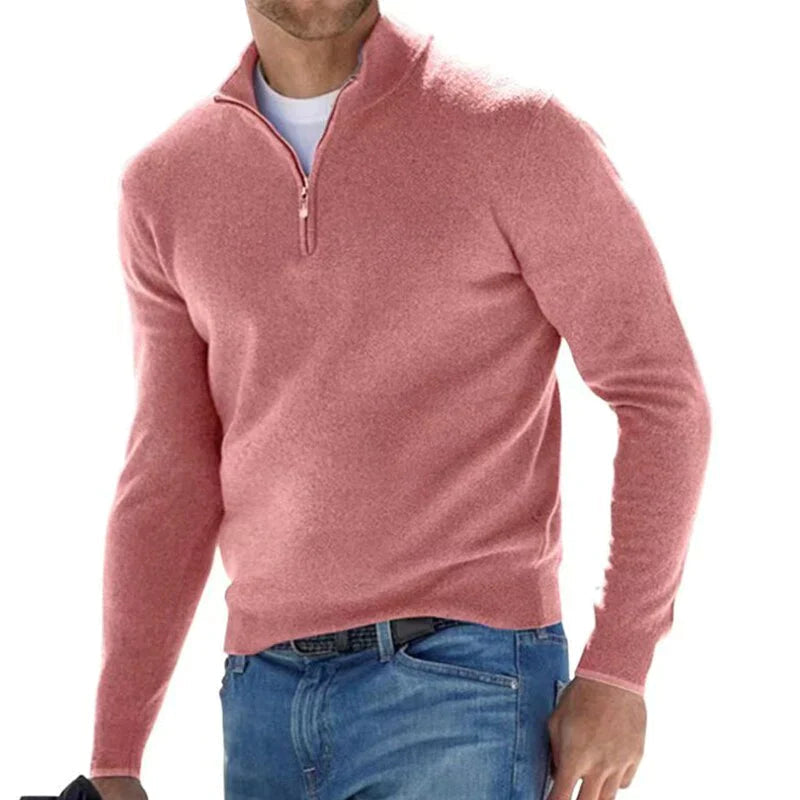 Hugo Mens Cotton Half-Zip Sweater with Stand Collar in Pink