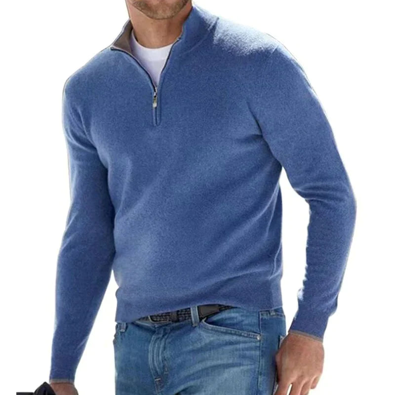 Hugo Mens Cotton Half-Zip Sweater with Stand Collar in Blue