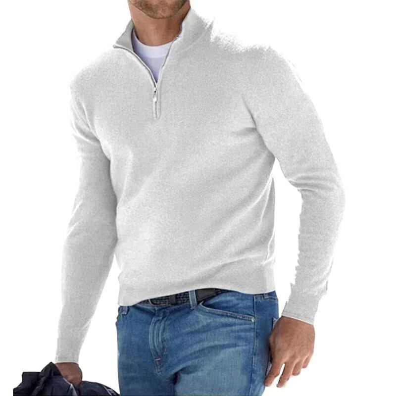 Hugo Mens Cotton Half-Zip Sweater with Stand Collar in White