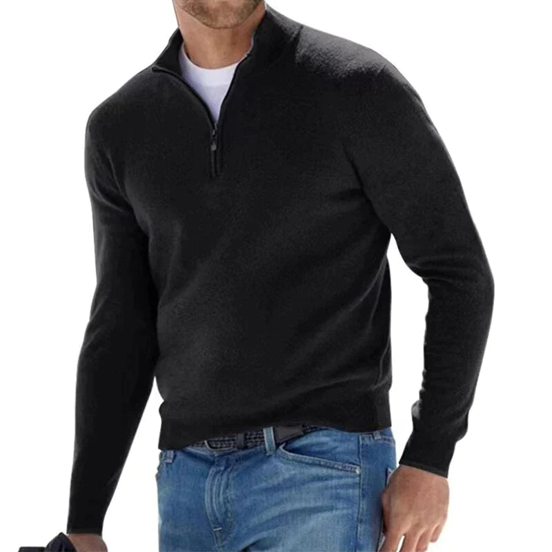 Hugo Mens Cotton Half-Zip Sweater with Stand Collar in Black