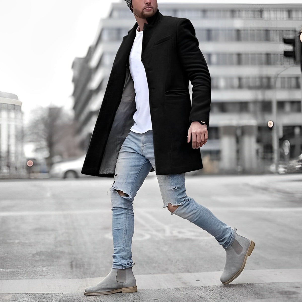 Teddy Mens Slim-Fit Mid-Length Overcoat in Black