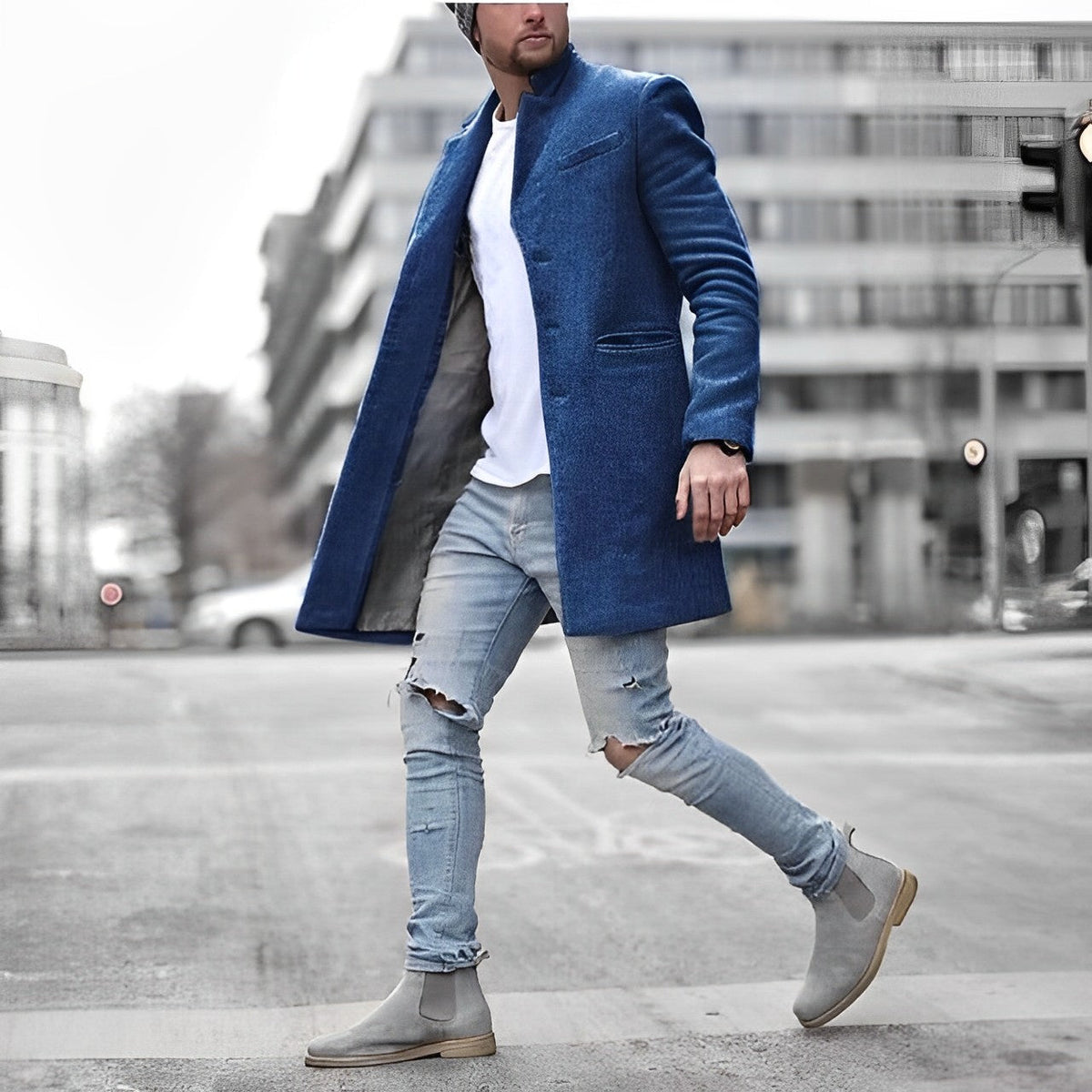 Teddy Mens Slim-Fit Mid-Length Overcoat in Blue