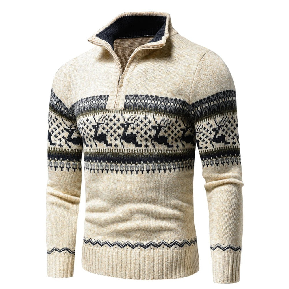Roy Mens Half Zip Up Sweater with Winter Pattern in Beige
