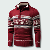 Roy | Mens Half Zip Up Sweater with Winter Pattern | Adjustable High Collar, Ribbed Trim | Red, Blue, Beige S-2XL