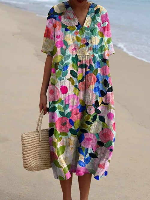 Margaret™ | Vibrant Floral Garden Print Flowy Dress