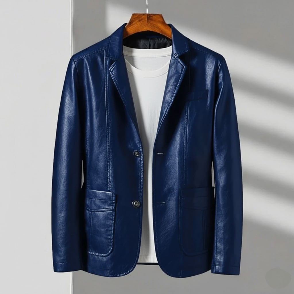 Sutton Mens Leather Blazer Jacket, Tailored Fit in Navy