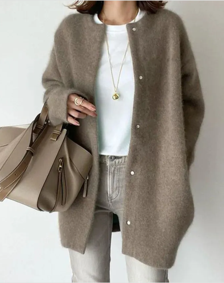 Miranda Womens Long Knit Cardigan with Button Front in Coffee