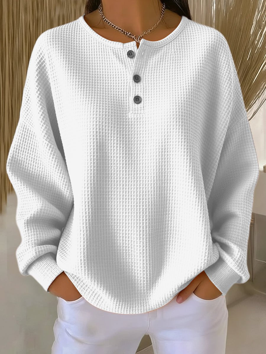 Dana Womens Waffle Knit Henley Sweatshirt in White