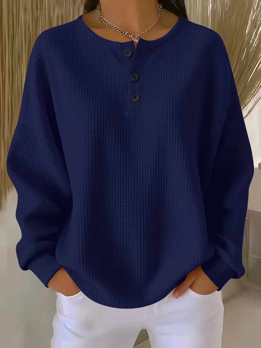 Dana Womens Waffle Knit Henley Sweatshirt in Navy