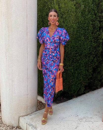 Aurora™ | Vibrant Midi Dress with Balloon Sleeves