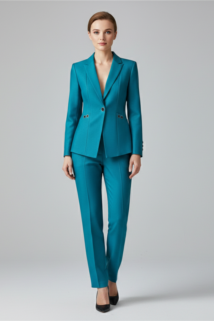 Monica Womens One-Button Blazer Suit Set with Straight Pants in Blue