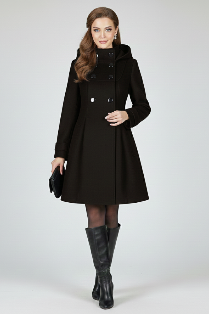 Krista Womens Hooded Coat with Double Button Front in Black