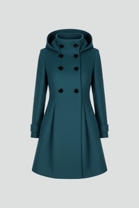 Krista | Womens Hooded Coat with Double Button Front | A-Line, Knee Length, Flap Pockets | Black, Green, Navy S-3XL