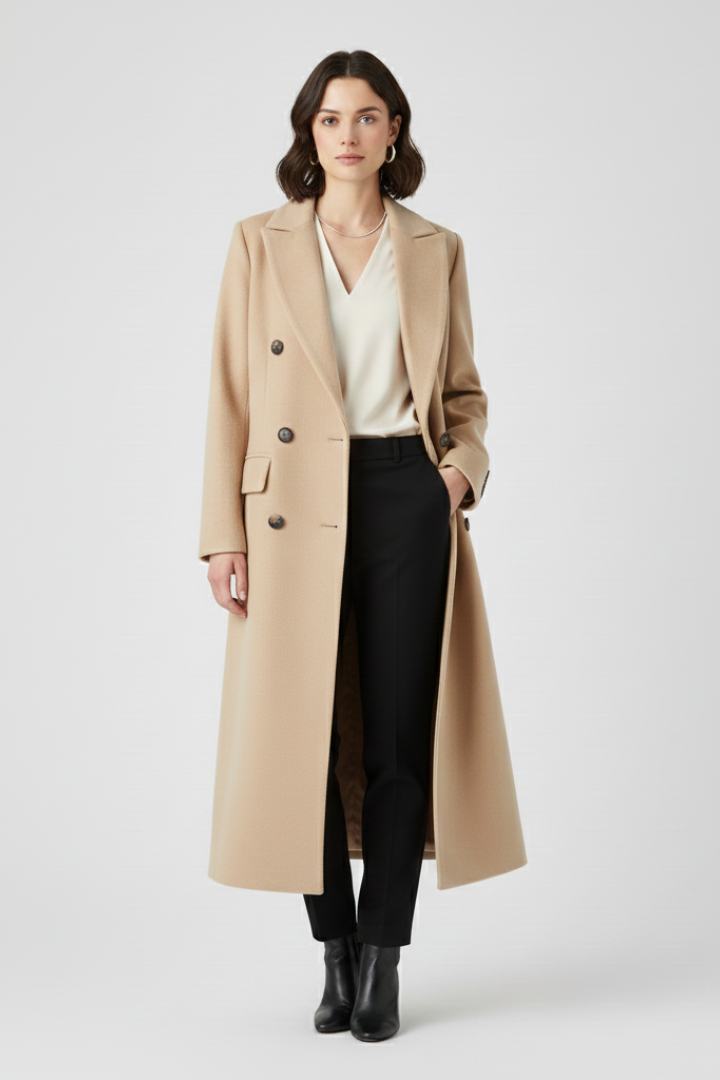 Kendra Womens Long Coat with Lapel Collar in Beige