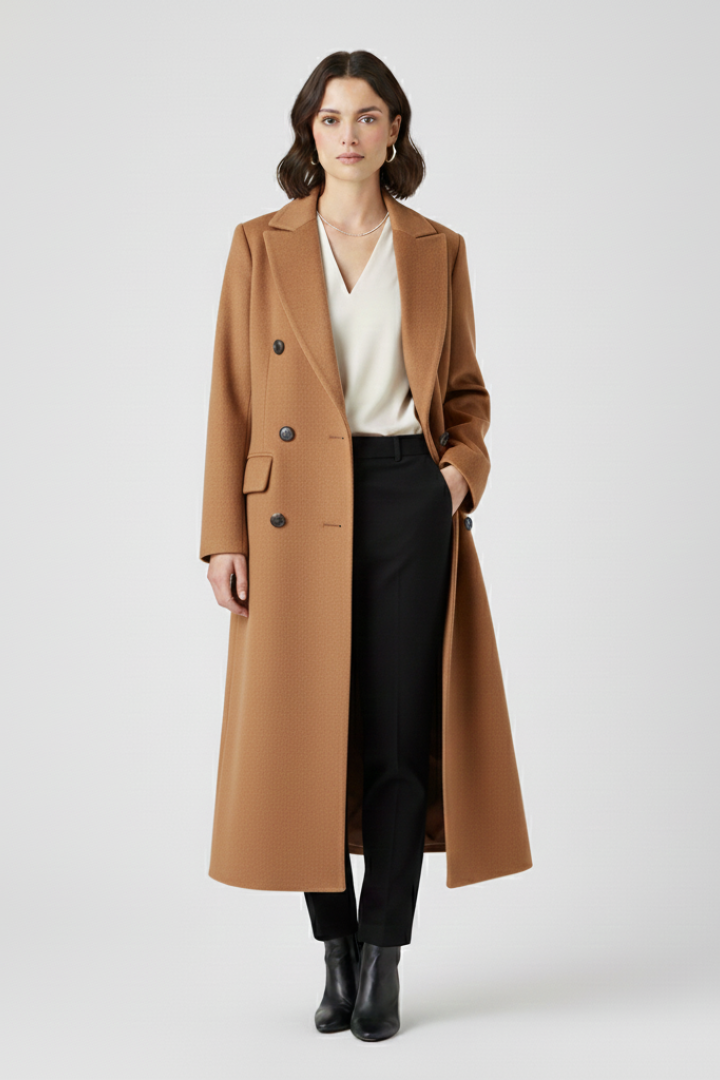 Kendra Womens Long Coat with Lapel Collar in Brown