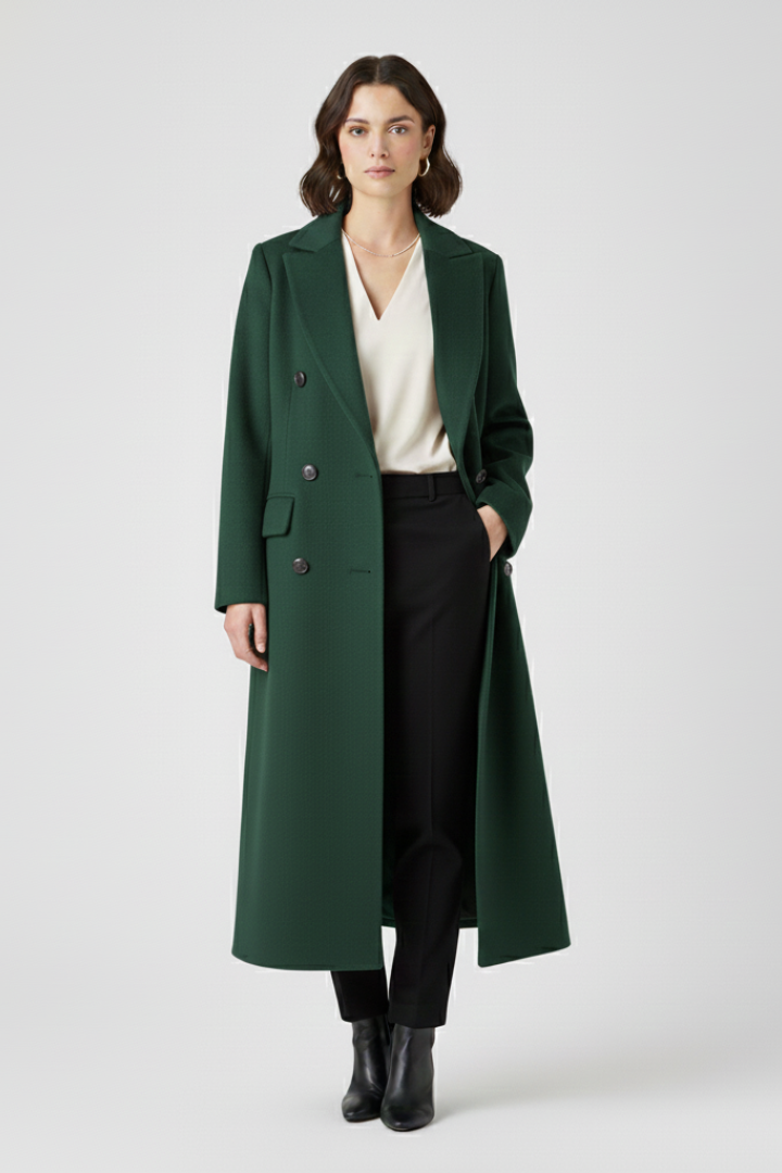 Kendra Womens Long Coat with Lapel Collar in Green