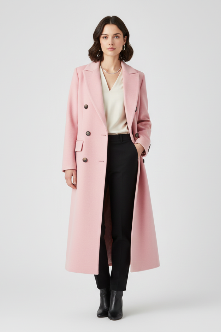 Kendra Womens Long Coat with Lapel Collar in Pink