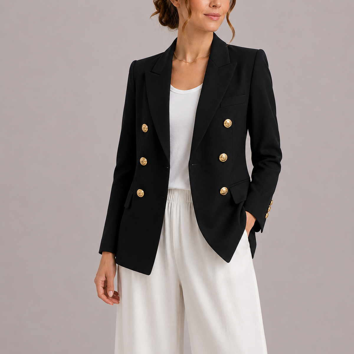 Erin Womens Double-Breasted Blazer with Gold-Tone Buttons in Black