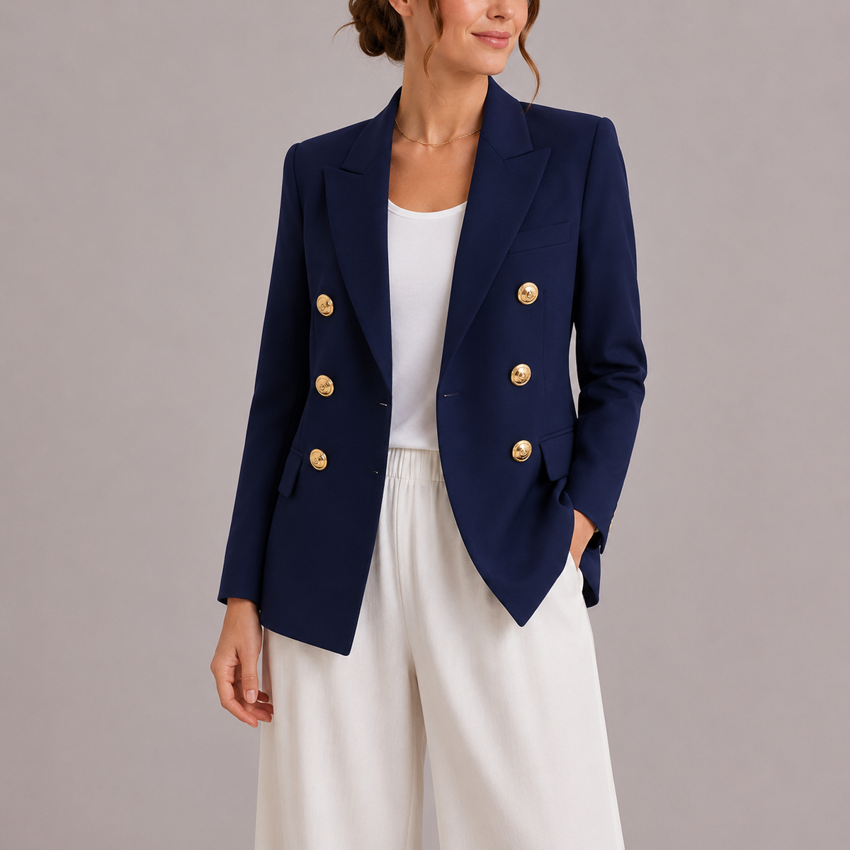 Erin Womens Double-Breasted Blazer with Gold-Tone Buttons in Navy