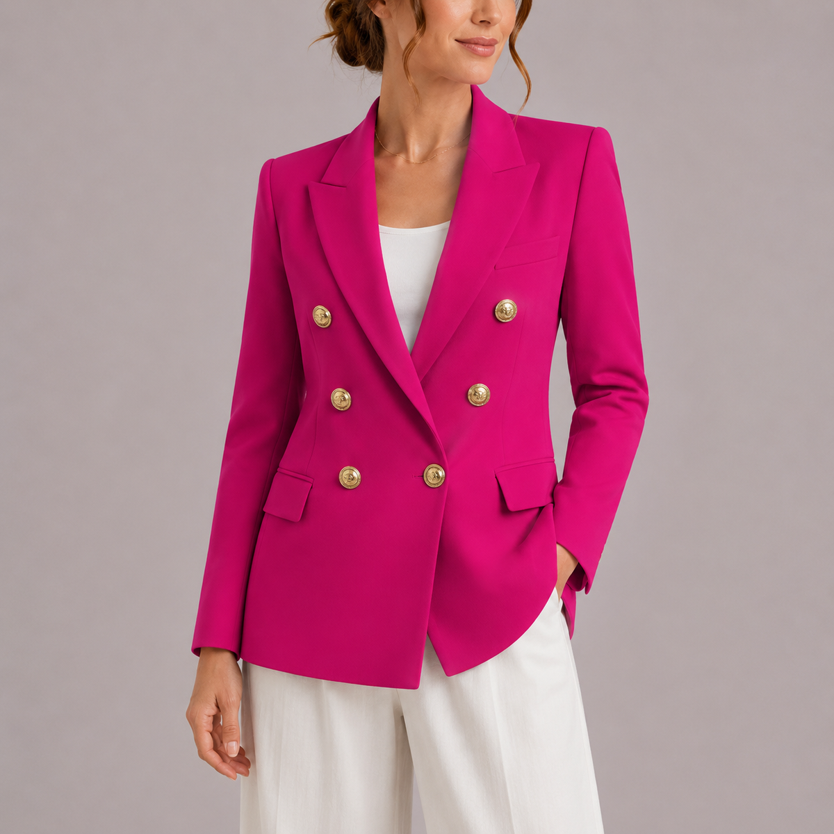 Erin Womens Double-Breasted Blazer with Gold-Tone Buttons in Pink